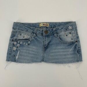 Y2K Mudd blue denim mini skirt with white floral embroidery and silver studs 25"